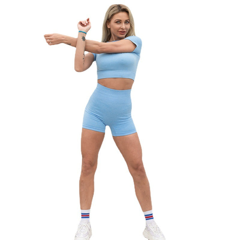 Wholesale Short Sleeved Seamless Knitted Elastic Fitness Nylon Yoga Clothes